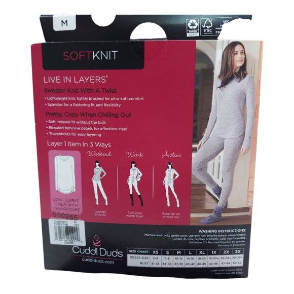 Cuddl Duds Soft Knit Long Sleeve Crew Neck Medium Thumbhole Top Purple Modern - Picture 7 of 10